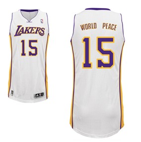 NBA Los Angeles Lakers 15 Metta World Peace Authentic White Jerseys